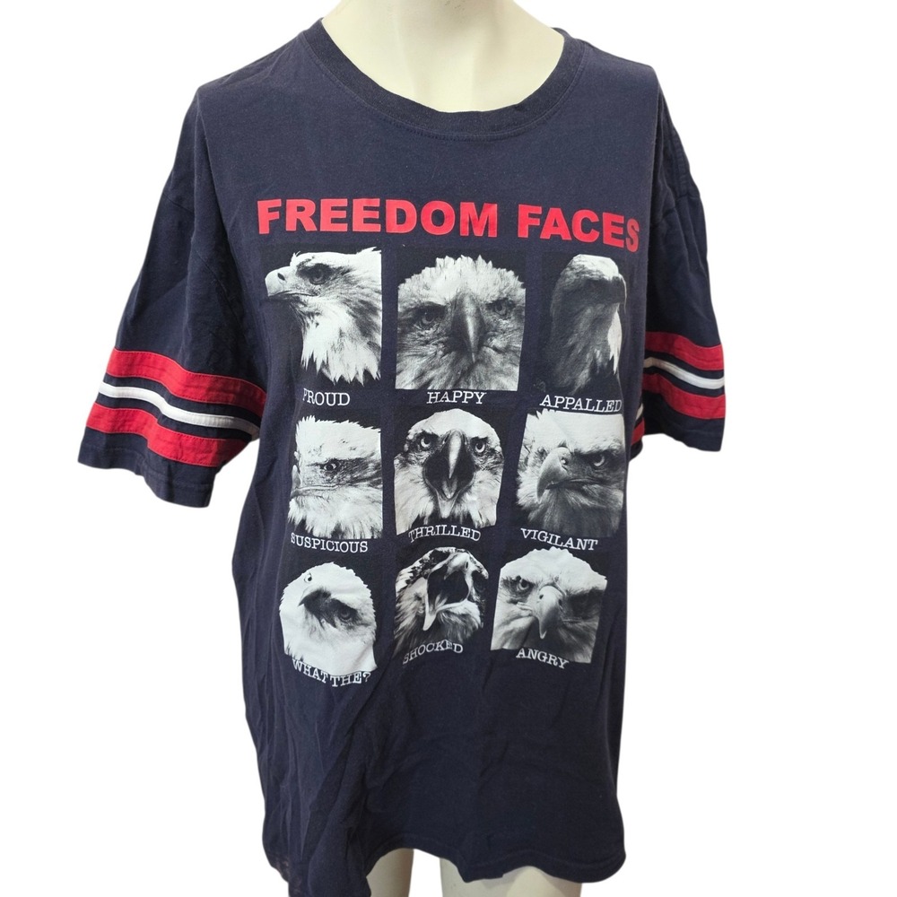 IML Freedom Faces Eagle Graphic T Shirt Mens XL Navy USA Americana Striped Tee